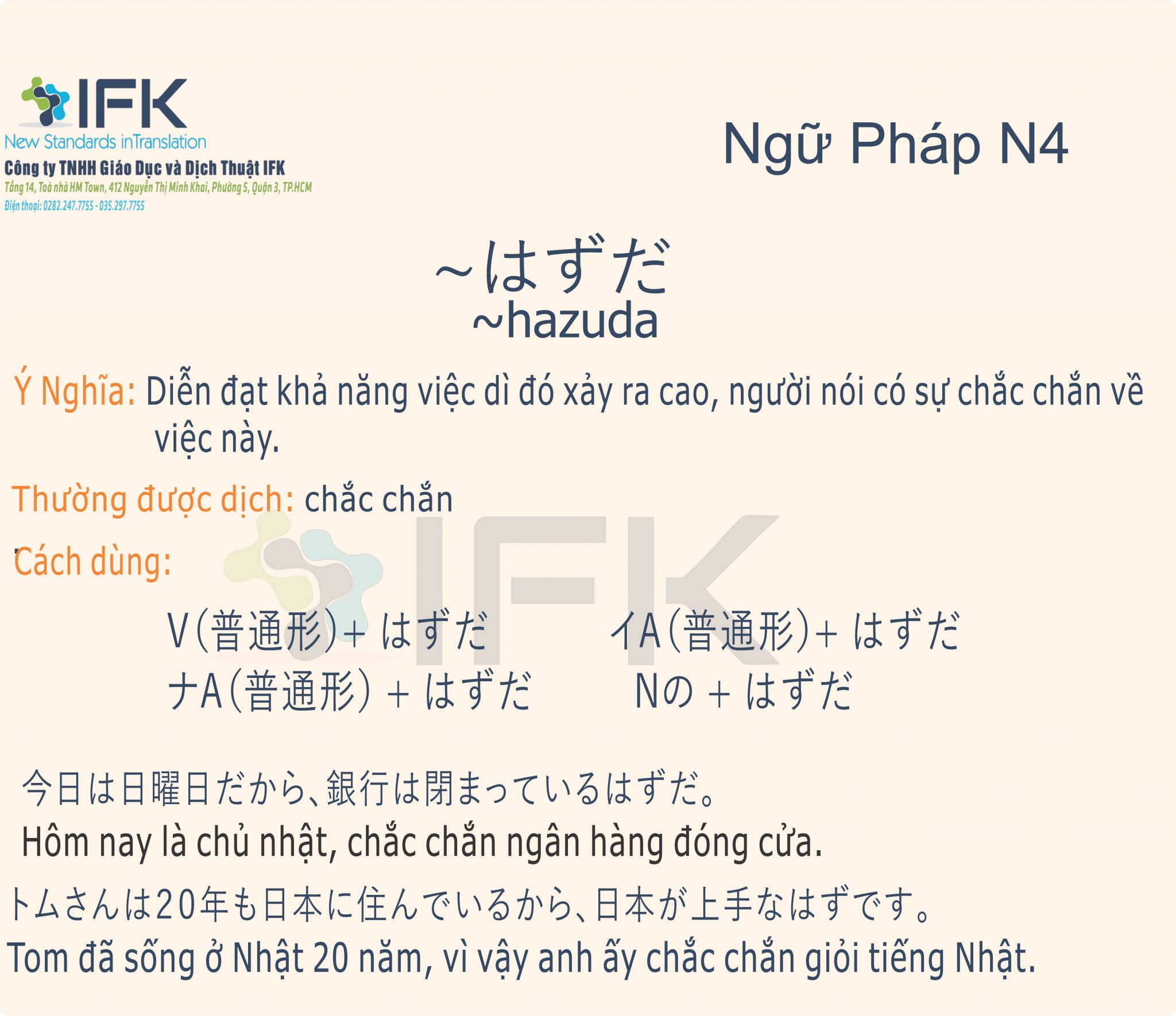 Ngữ pháp N4 〜はずだ chắc chắn | Cty Giáo Dục - Dịch thuật IFK
