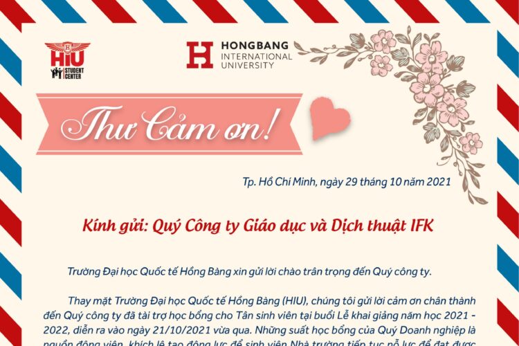 Thư cảm ơn từ Đài học Hồng Bàng gửi công ty dịch thuật IFK